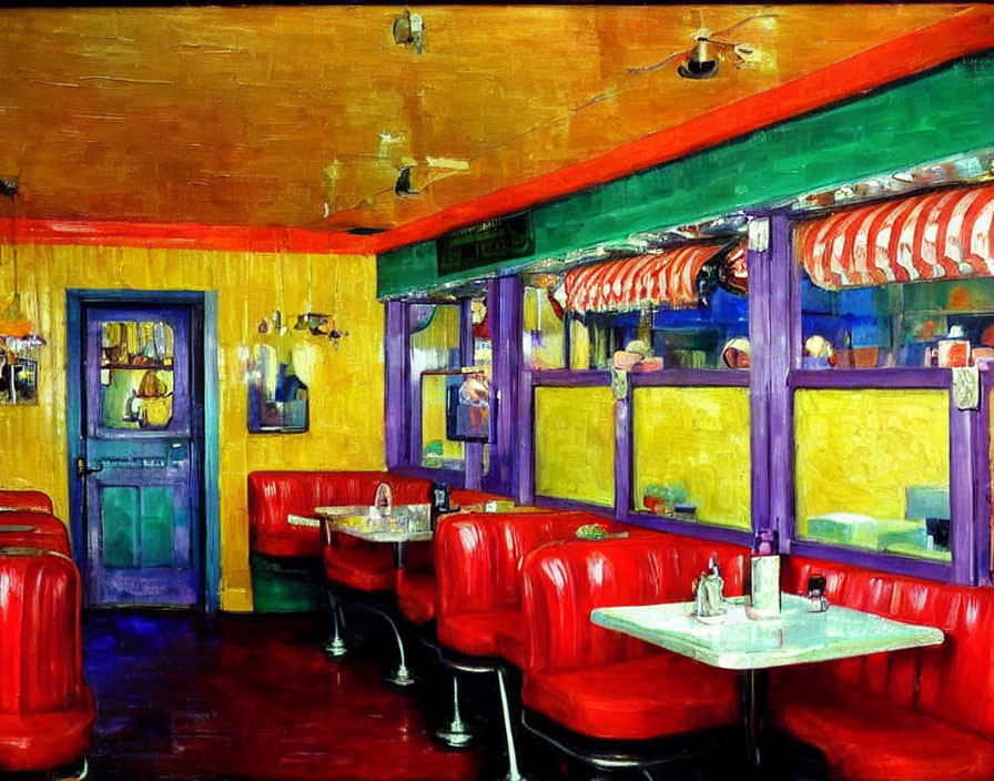 Colorful retro diner painting with red seats and yellow walls