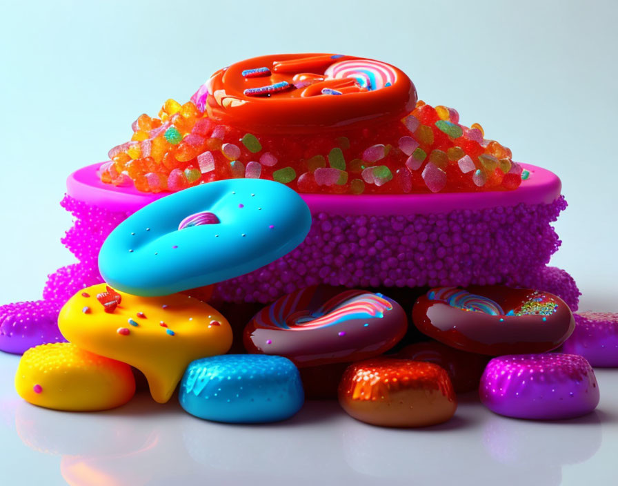 Assortment of Colorful Candies and Jelly Beans on Reflective Surface