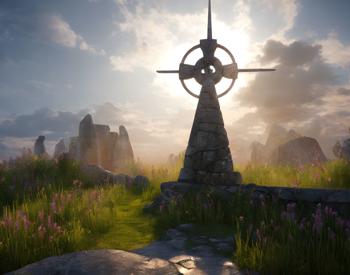 Mystical stone circle with Celtic cross and standing stones at sunset