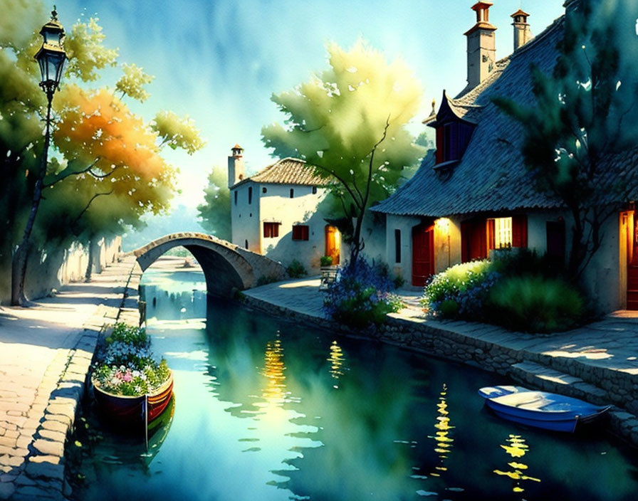 Serene village painting with stone bridge and boats