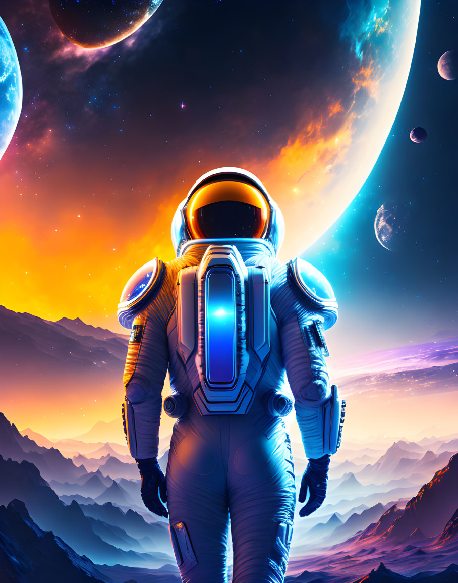 Astronaut on alien landscape under vibrant sky