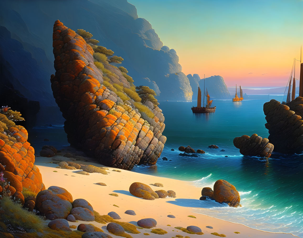 Tranquil beach scene at sunset with orange rock formations, calm waters, sailing ships, and distant