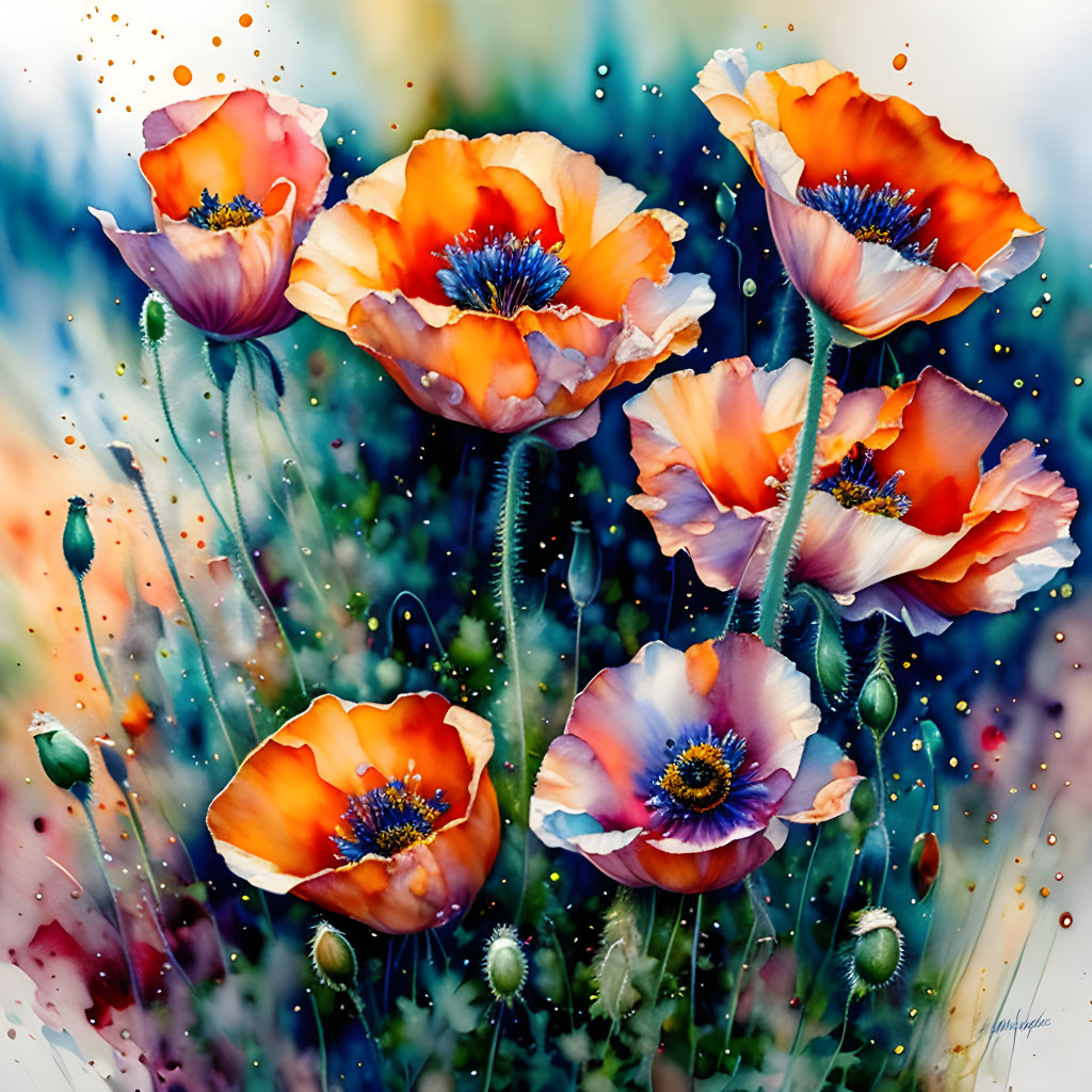 Colorful orange poppies on blue and white speckled petals with water droplets and paint spl