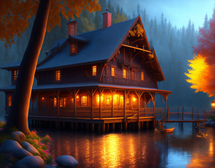 Lakeside cabin at dusk with autumn trees and fog