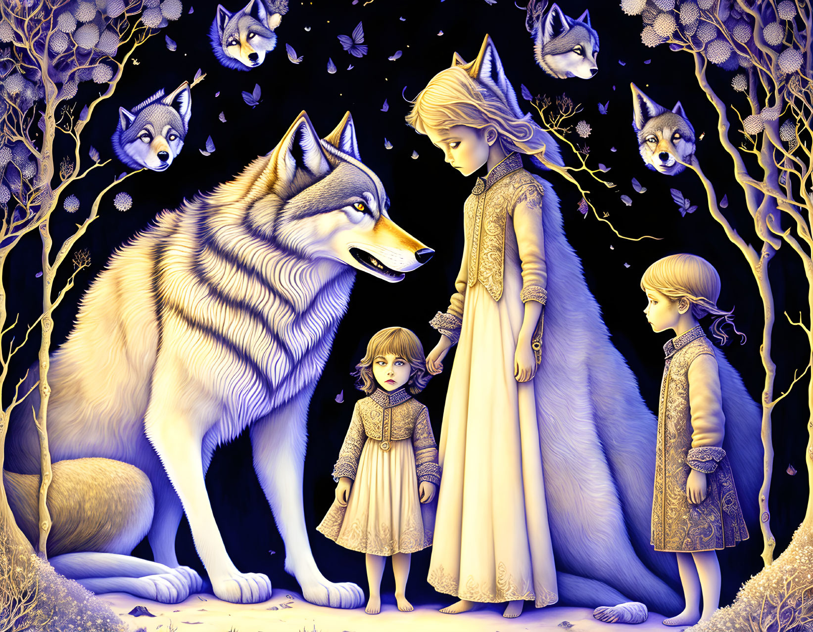 Illustration of two girls, wolf, mystical forest, ethereal wolf faces