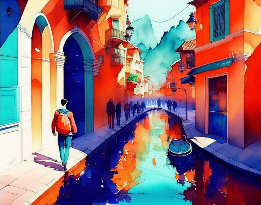 Vibrant watercolor painting of person walking along colorful canal-lined street