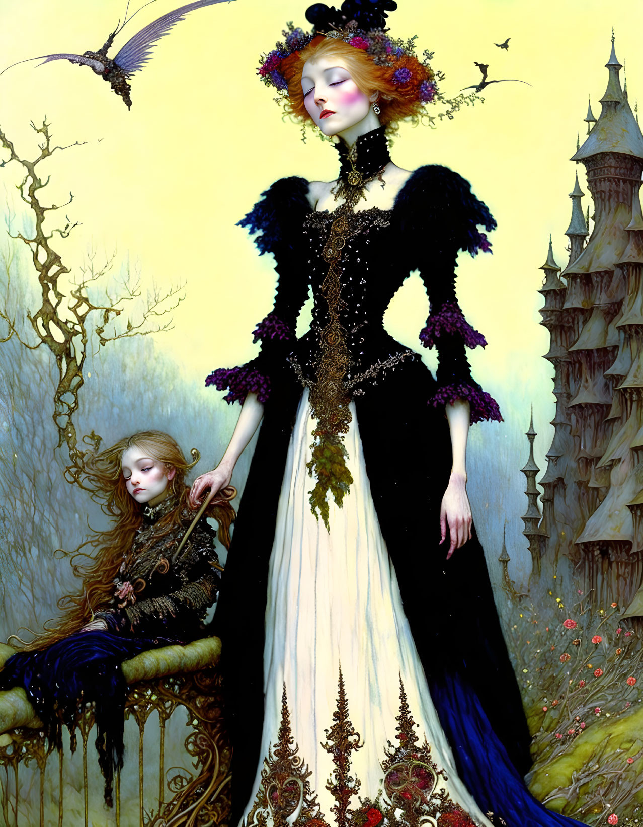 Gothic-style illustration featuring figures in ornate dark clothing