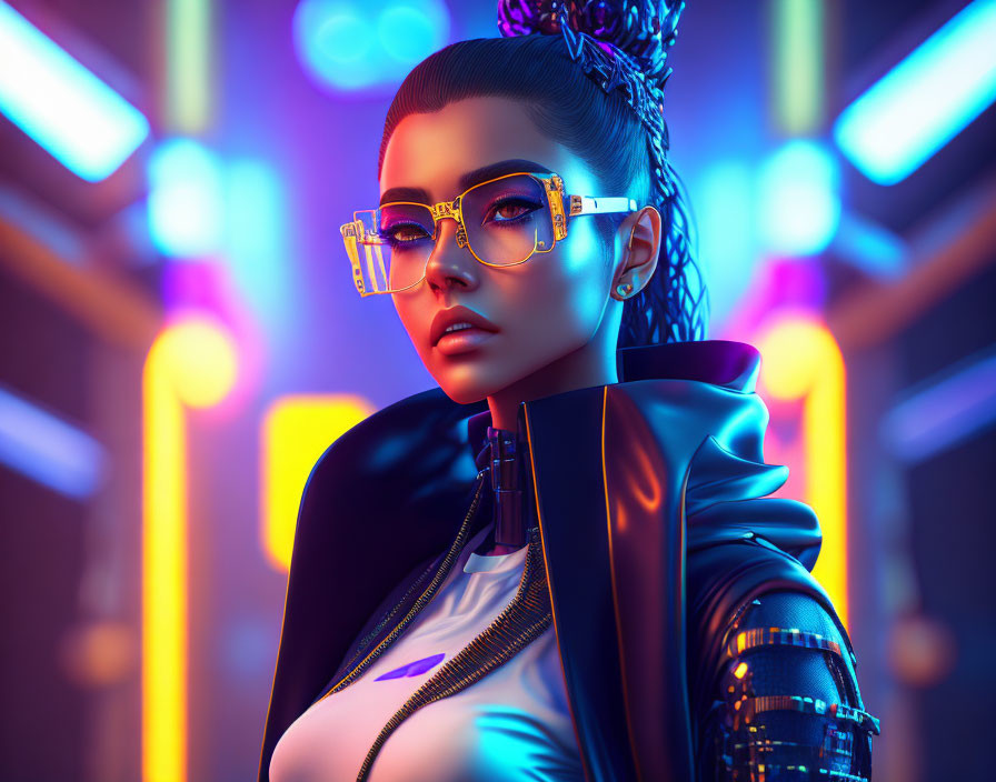 Fashionable woman in sunglasses surrounded by neon lights in a cyberpunk setting