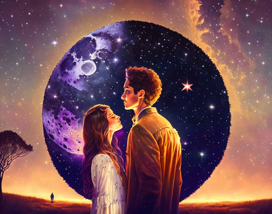 Romantic scene: Couple kissing under starry sky with moon, golden field, and tree