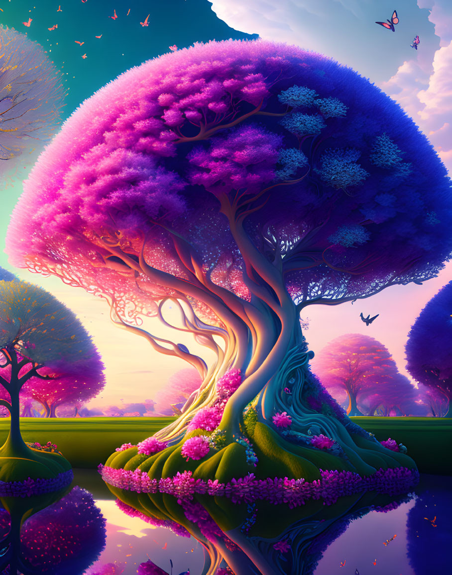 Colorful whimsical tree with purple foliage in vibrant digital art