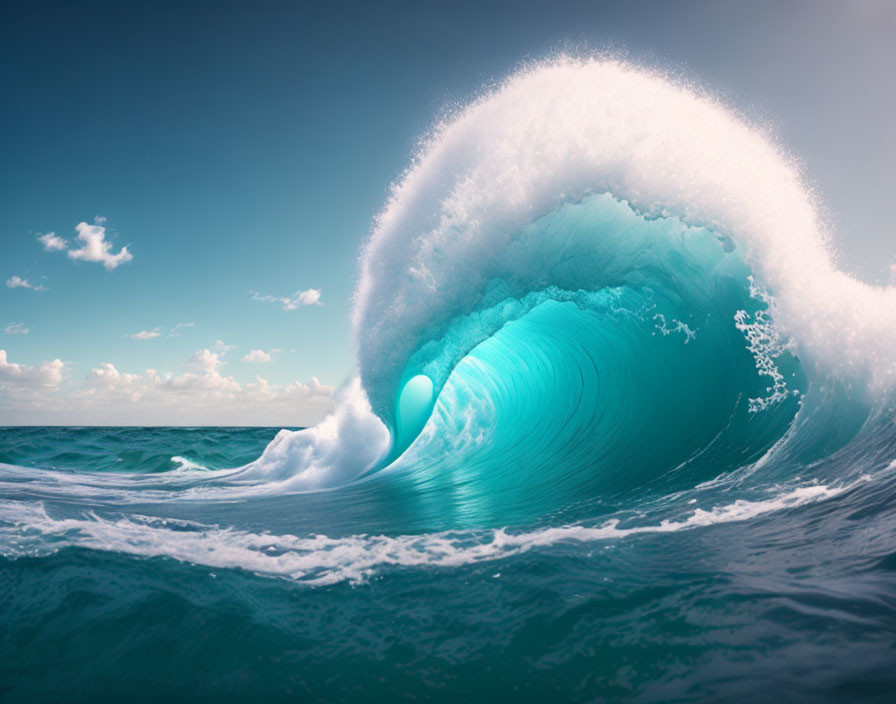 Barrel-shaped turquoise ocean wave about to break under blue sky