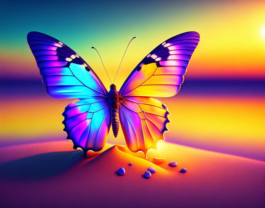 Blue butterfly on sand dune with pearls under colorful sunset