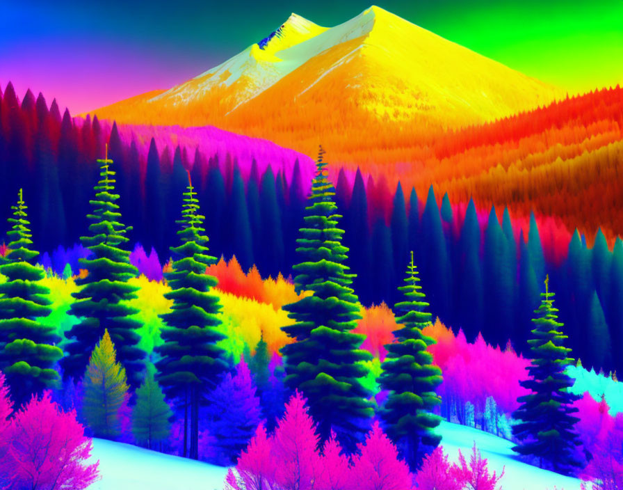 Colorful thermographic mountain landscape with neon pine trees and snowy peak