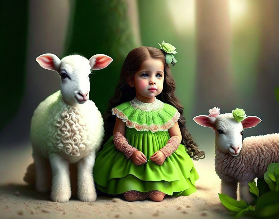 Young girl in green dress with flower in hair between two lambs in forest setting