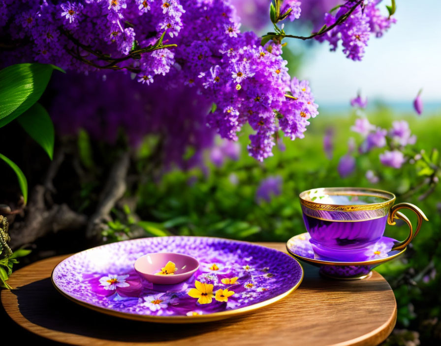 Purple Floral Tea Set on Wooden Tray with Lilac Blossoms in Green Outdoor Setting