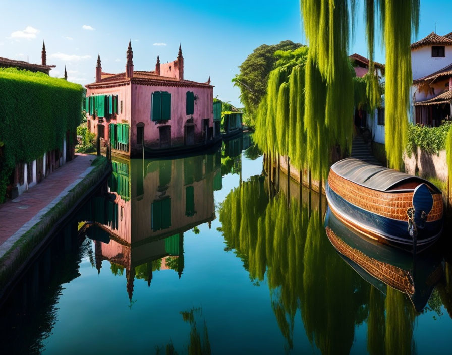 Tranquil canal with moored boat, colorful buildings, weeping willows under clear sky