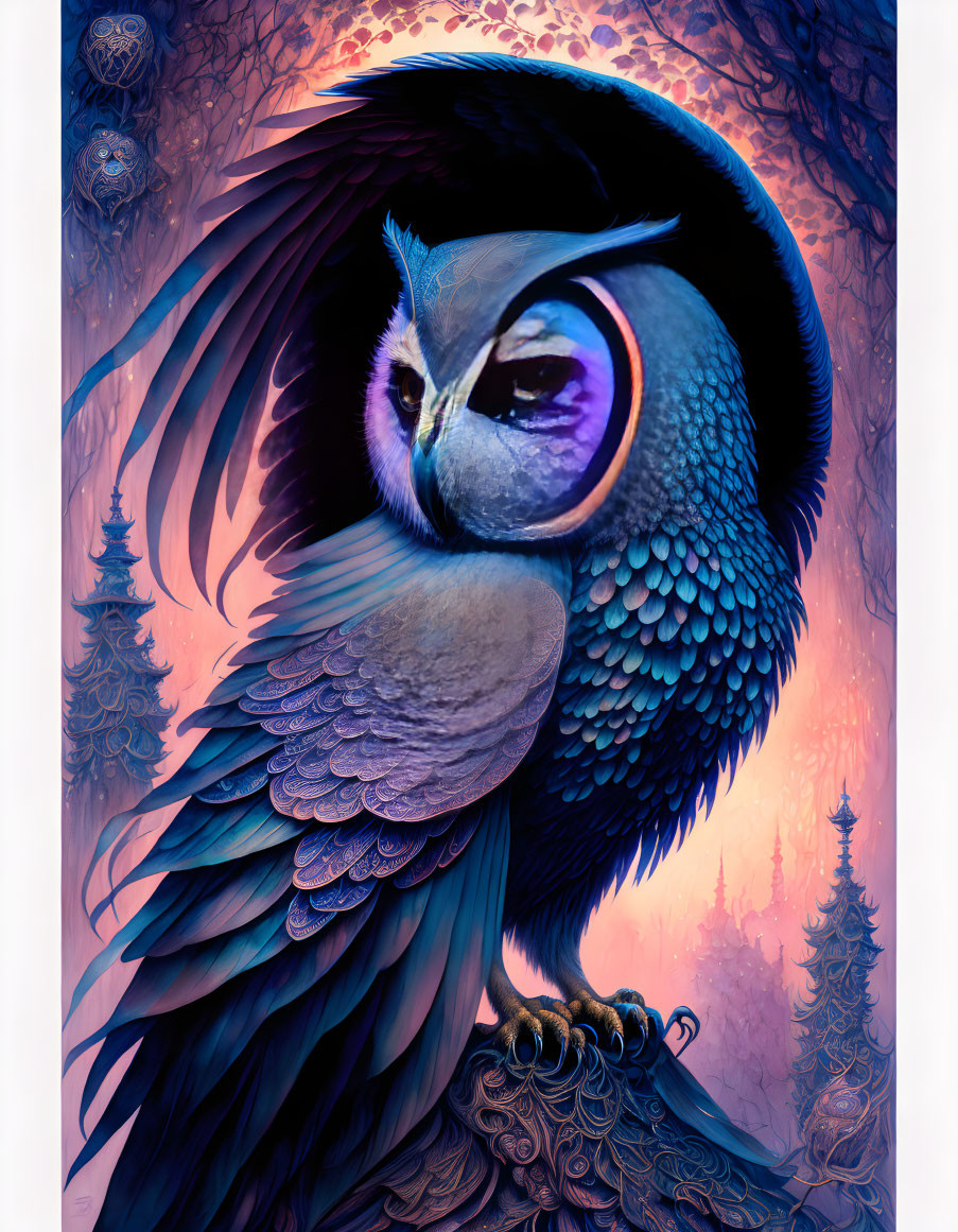 Stylized owl with vibrant blue and purple feathers in intricate forest backdrop