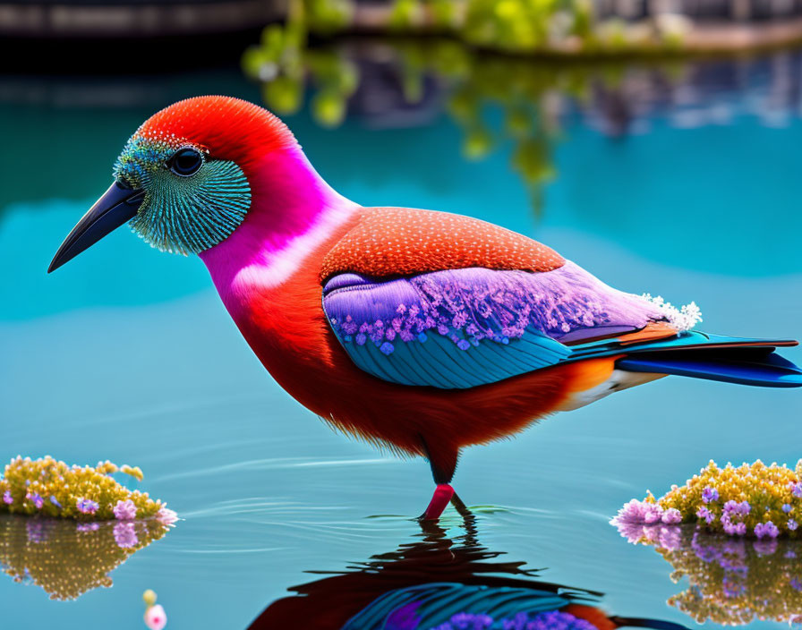 Colorful Bird with Red Head and Vibrant Plumage in Shallow Water Among Flowers