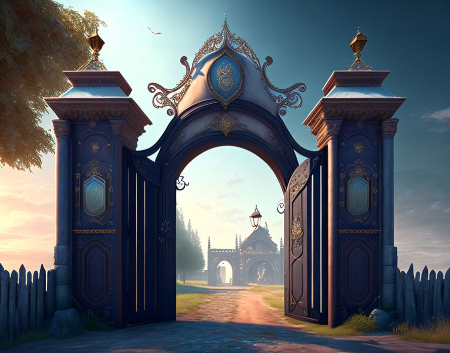 Intricate ornate gate with gold accents leading to fantasy mansion