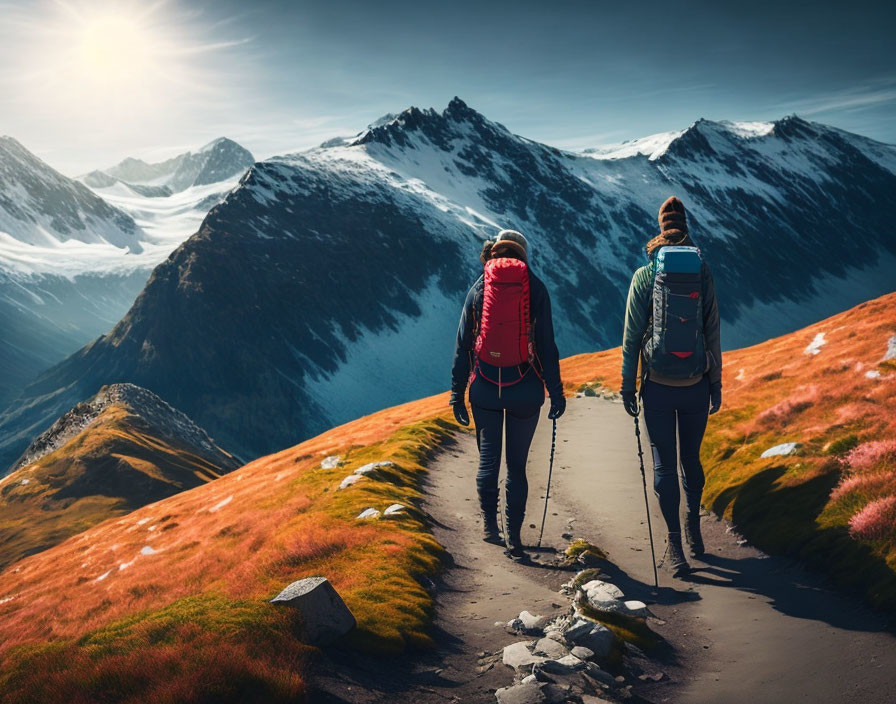 Hikers with backpacks on snow-covered mountain trail