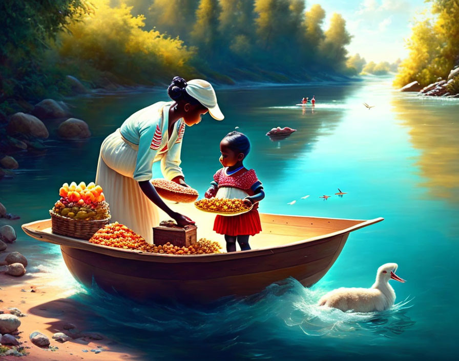 Woman and child sorting fruits on a boat in serene river with lush greenery and swan