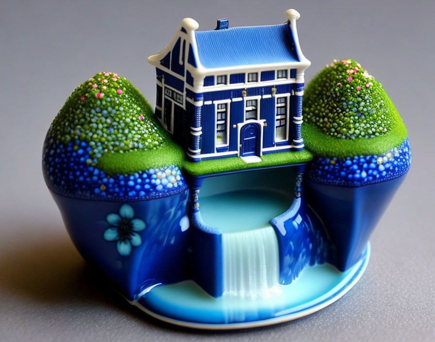 Delft Blue Ceramic Figurine: Dutch House, Water Canal, Trees