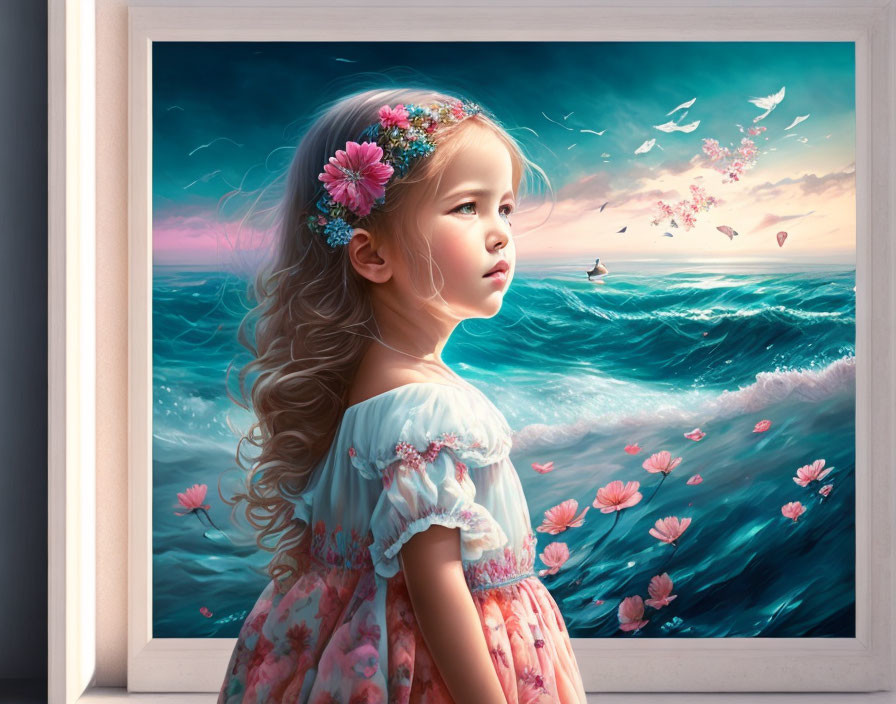 Young girl in floral headband admires vibrant seascape with pink flowers and seabirds