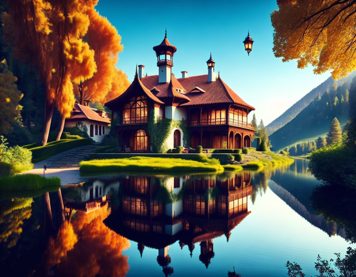 Tudor-style villa by serene lake with autumn trees