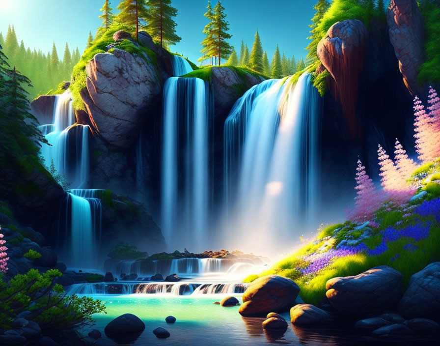 Digital artwork: Waterfalls, pool, lush foliage, flowers, cliffs under blue sky