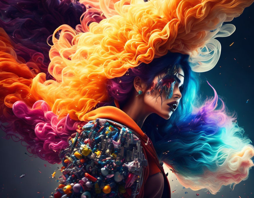 Colorful digital artwork: Woman with flowing hair explosion in orange, blue, and purple, adorned with