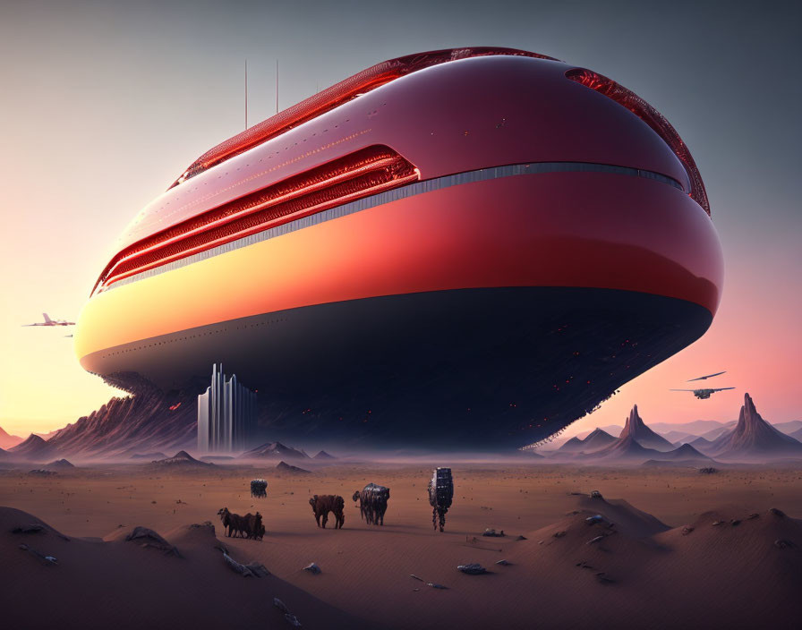 Gigantic red spaceship over desert with silhouettes at sunset