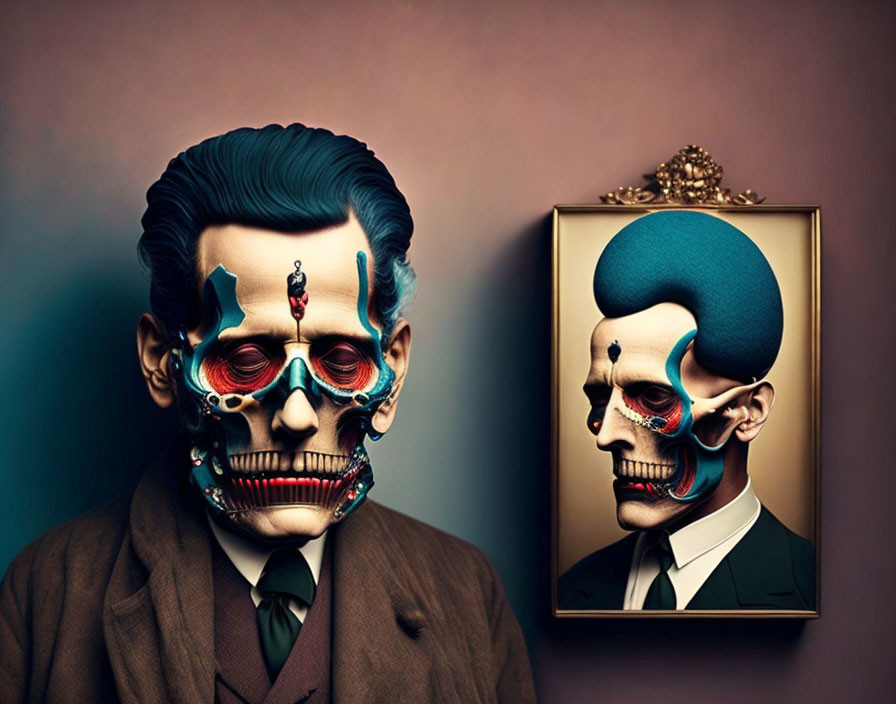 Colorful surreal portrait of man with stylized skull face next to framed picture with complete head