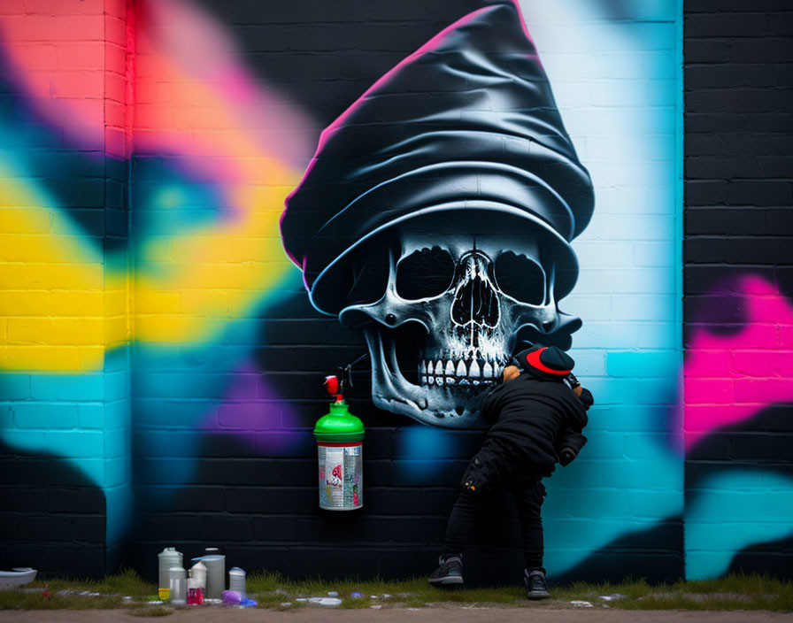 Dark-clothed figure graffiti painting vibrant skull mural on brick wall