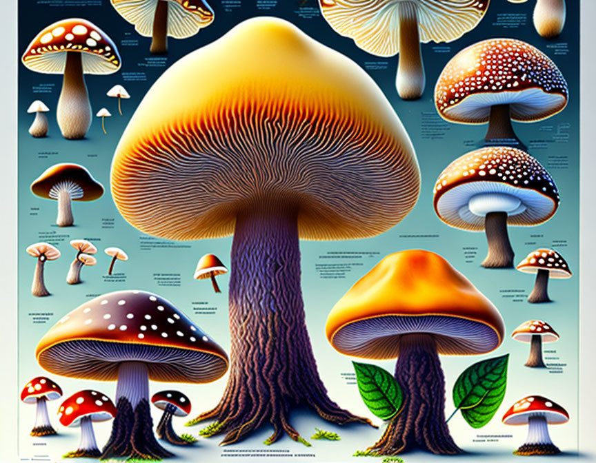 Detailed Mushroom Chart with Stylized Illustrations & Annotations