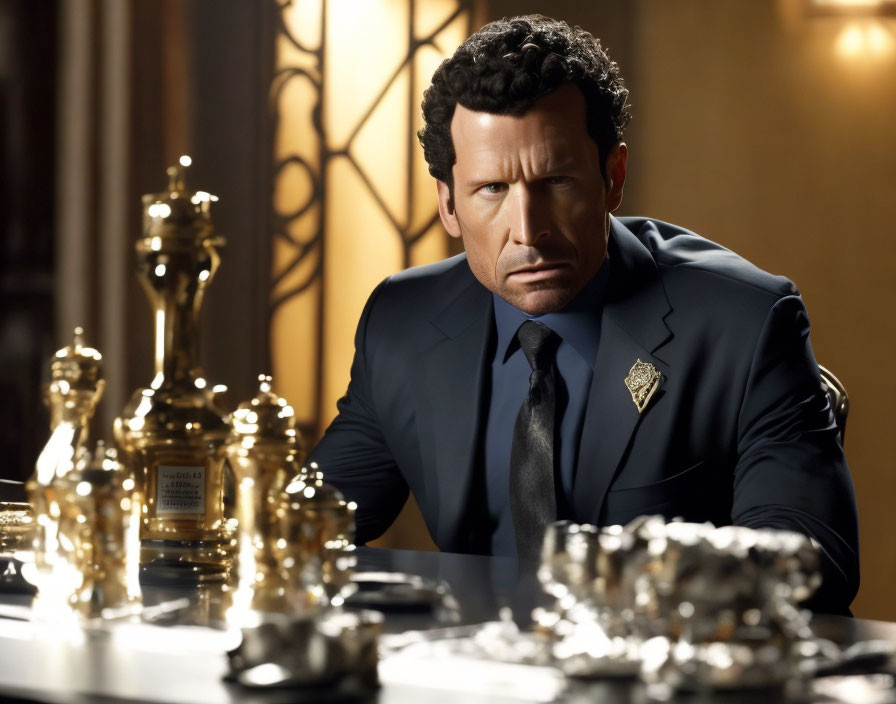 Confident man in dark suit with badge at table with trophy statuettes