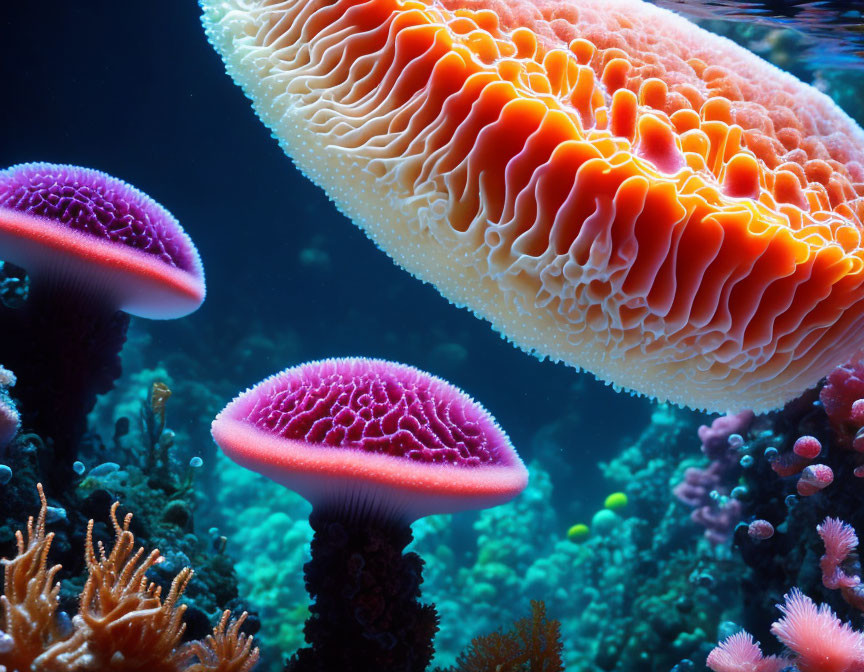 Colorful Jellyfish and Coral in Underwater Scene