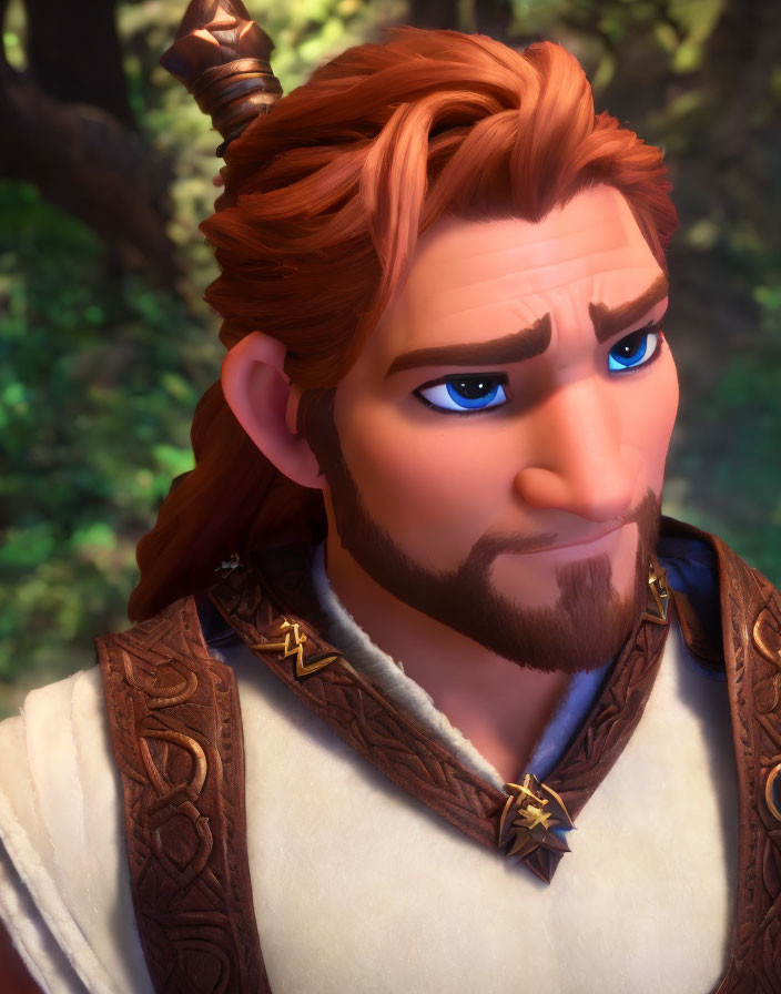 Close-up 3D animated male character with auburn hair and blue eyes in medieval attire forest