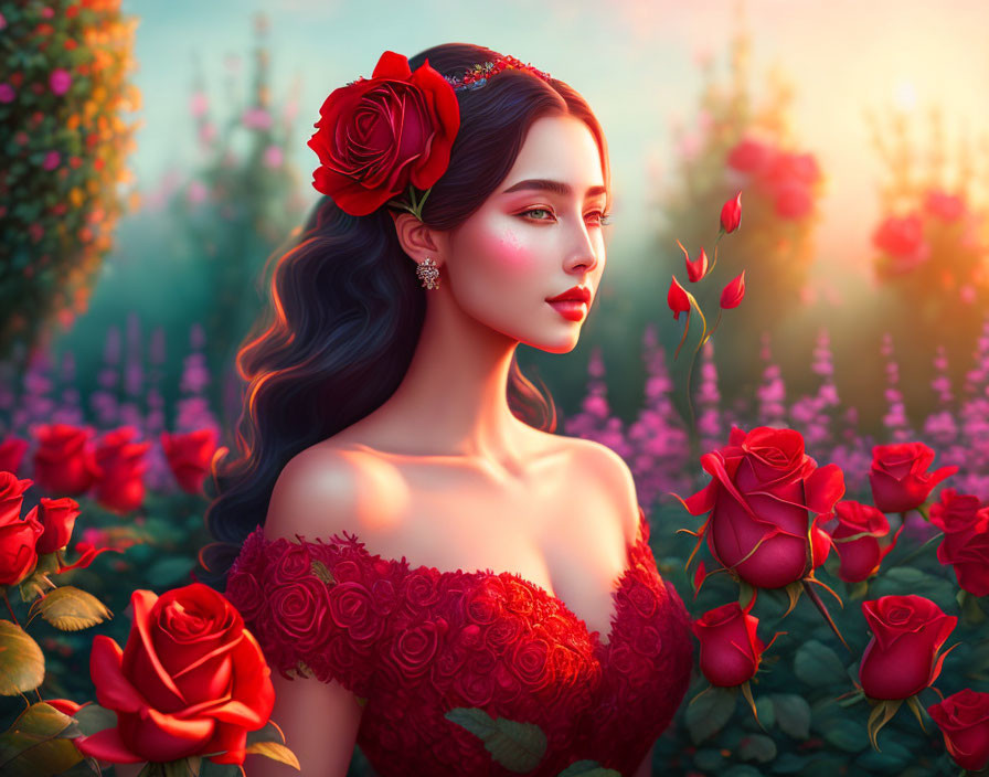 Woman in red dress with rose in hair surrounded by garden, soft sunlight.