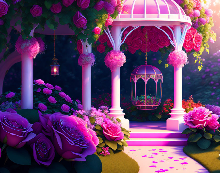 Enchanting Twilight Gazebo with Pink Roses and Hanging Lanterns