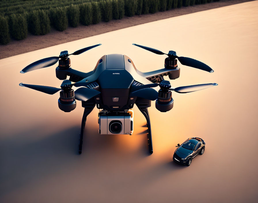 Drone hovering over miniature car on smooth surface