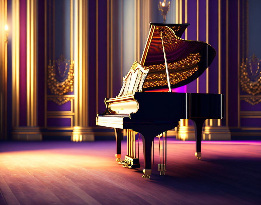 Grand Piano on Wooden Stage with Open Curtains and Purple Drapes