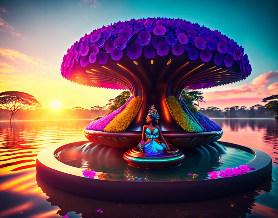 Vibrant fantasy art: person under giant mushroom by reflective water