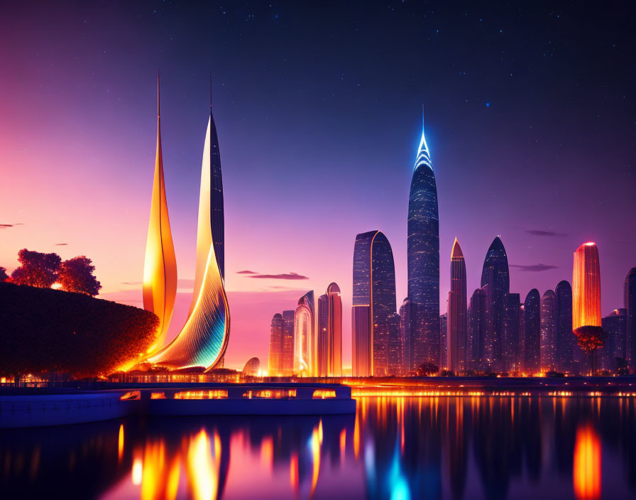 Futuristic twilight cityscape with starry sky and calm water reflection