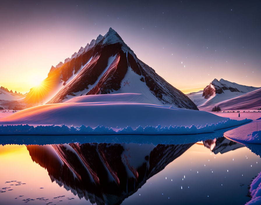 Snowy Mountain Range Reflecting Serene Sunset, Starry Sky