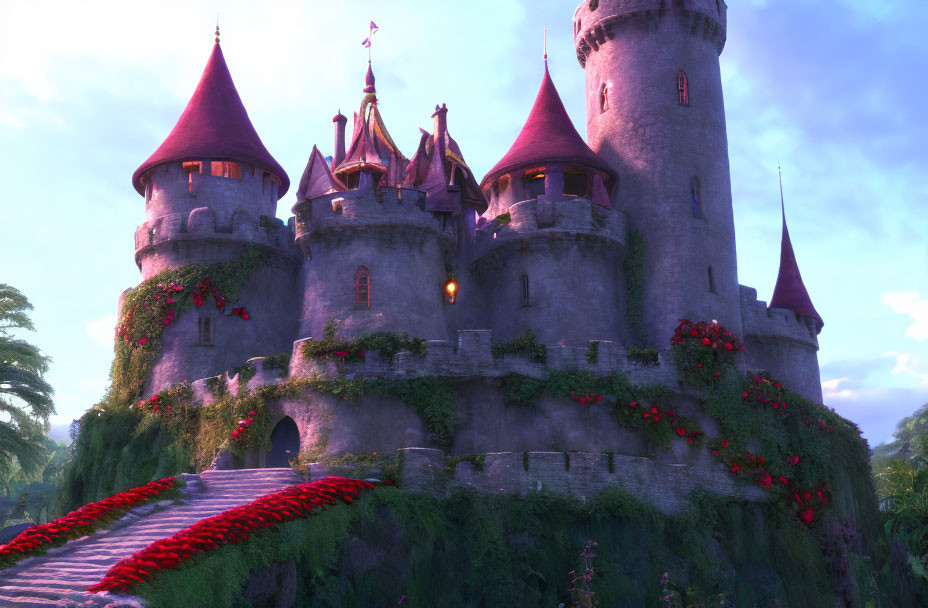 Majestic fairy-tale castle with red ivy against serene sky