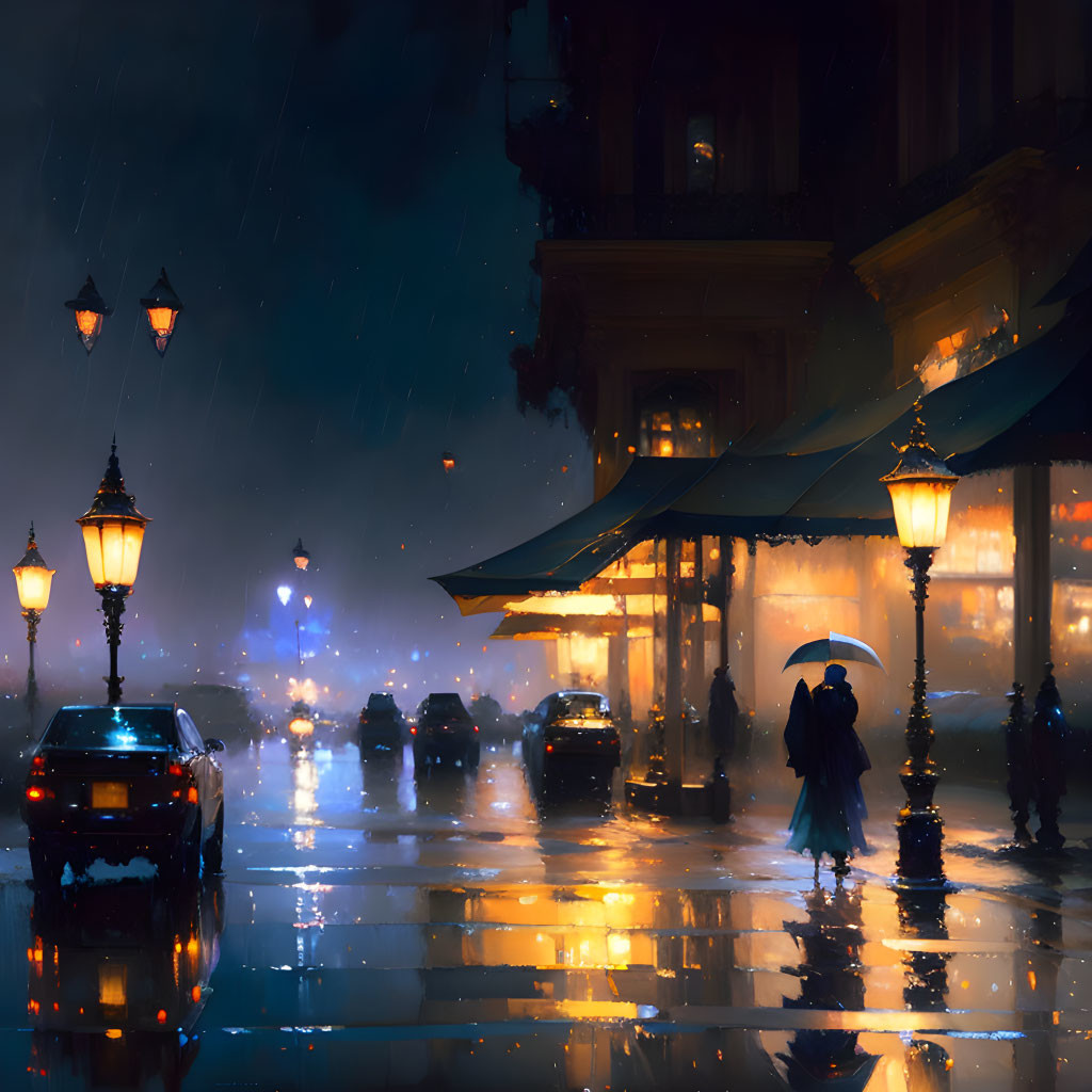 Vintage street lamps illuminate rainy city evening with reflective streets and person walking with umbrella.