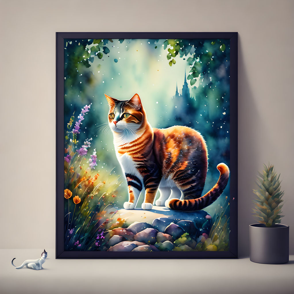 Illustration of tabby cat in mystical forest with castle silhouette