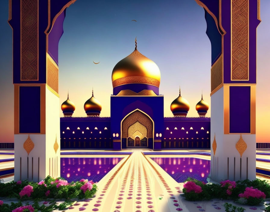 Majestic mosque illustration with golden domes and arches