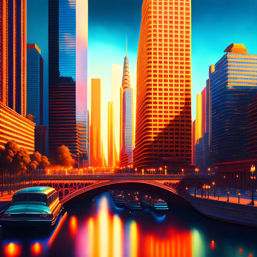 Futuristic cityscape at sunset with skyscrapers, bridge, river, and vintage car