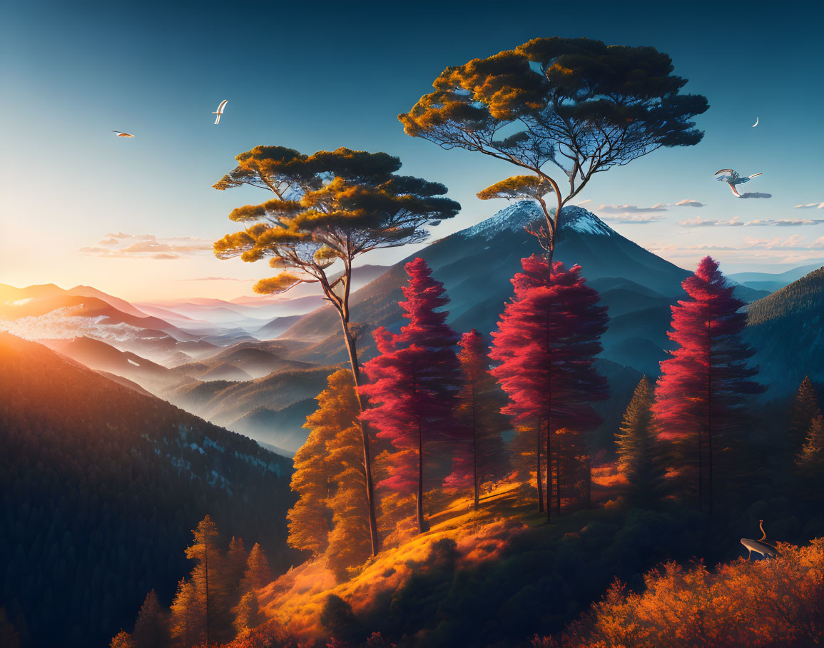 Vibrant orange and blue landscape with trees, mountain, birds, and day-night sky